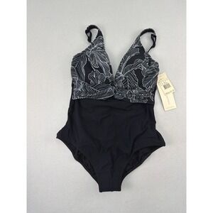 Profile by Gottex Womens One Piece Swimsuit Black White Leaf Print Size 12 NEW